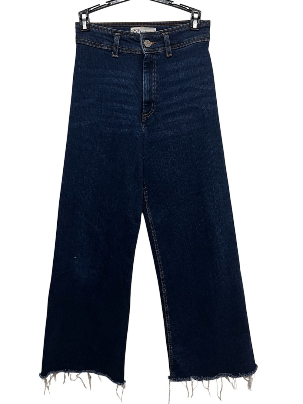 Zara Dark Wash Denim Wide Leg Jeans Raw Hem High Rise Size 4